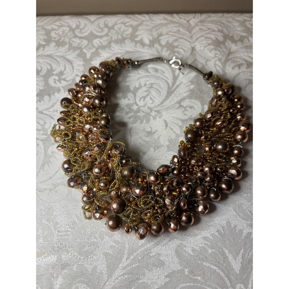 Handcrafted Bronze Copper Beaded Statement Bib Necklace Chunky Cluster Repair